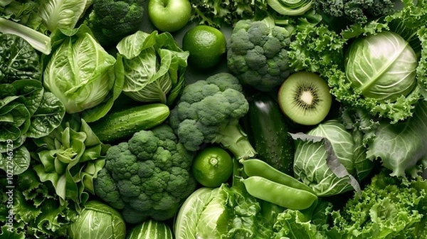 Fototapeta Healthy eating concepts green background filled with a large number of green vegetables shot from above