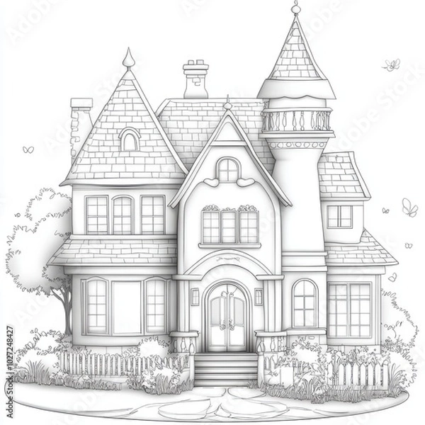 Fototapeta Detailed illustration of a whimsical house with turret, featuring intricate architecture and surrounded by nature.