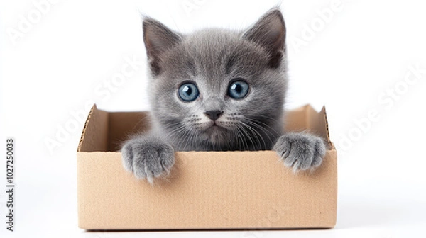 Fototapeta Russian Blue kitten cat peeking out and looking forward from inside box isolated on white background