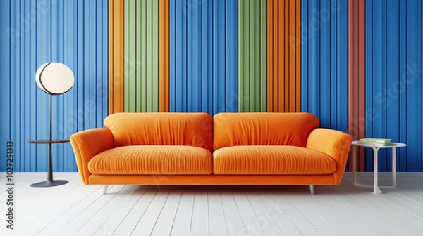 Fototapeta Modern living room with orange sofa, blue panels. Soft lighting. 3D render. High res.