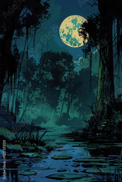 Fototapeta Foggy Swamp Path Under Moonlight