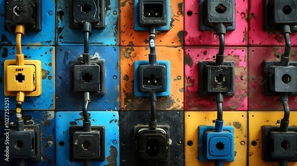 Fototapeta Old and damaged electric adapter power plug has many appliances are plugged outlet socket concept of risk danger overloaded current electrical overloaded power plugs close up
