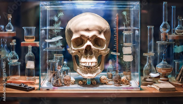 Fototapeta Skull in a Glass Display Case with Scientific Instruments