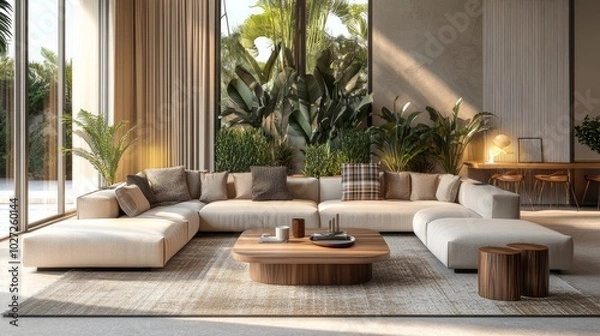 Fototapeta Contemporary open-concept living area featuring a modular sofa, furnishings, wooden coffee tables, plaid, cushions, tropical plants, and sophisticated personal items in chic home décor. living room.