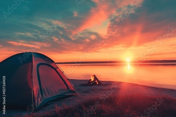 Fototapeta Campsite at sunset with a tent and a campfire.
