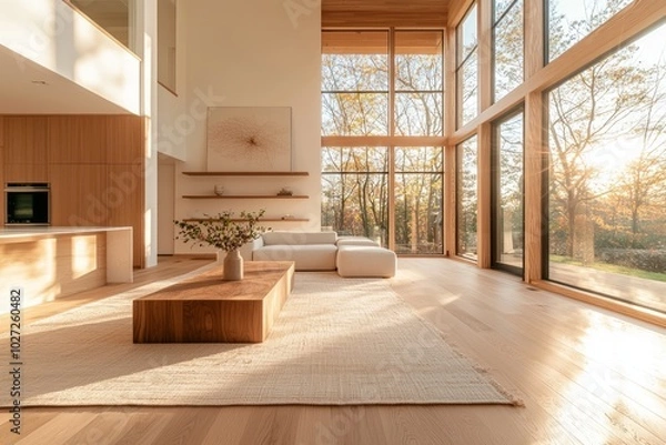 Fototapeta Modern living room with large windows and natural light.