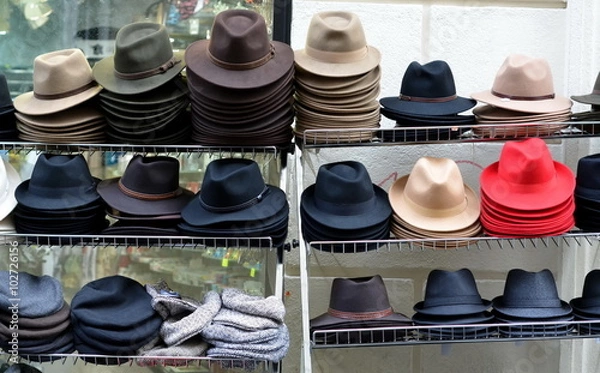 Obraz Showcase of Hat store in Paris, France. Sell of fedora hats 