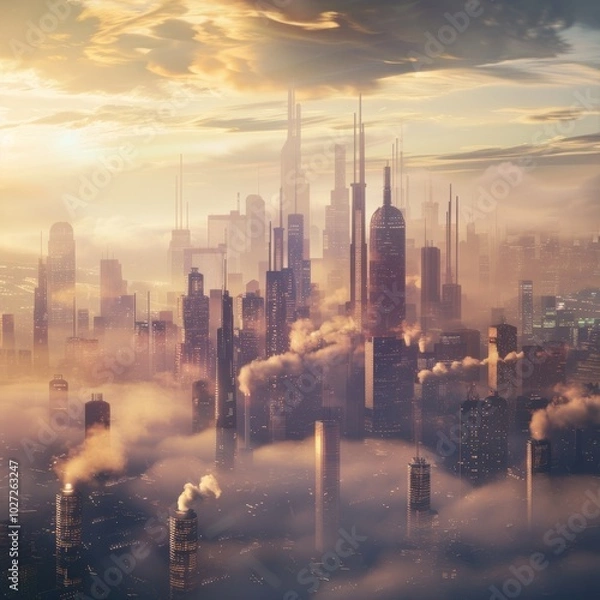 Fototapeta A futuristic cityscape emerges from the mist, with sleek skyscrapers reaching toward a golden sunrise, enveloped in ethereal clouds.