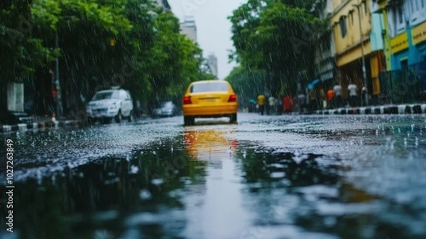 Fototapeta Rainy City Street with Yellow Taxi Cab