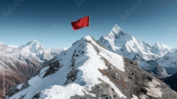 Fototapeta Snow-covered mountain peak with a red flag, surrounded by majestic mountain ranges under a clear blue sky.