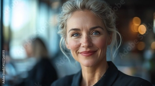 Fototapeta A woman with a smile on her face is standing in front of a window