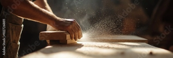 Fototapeta A skilled artisan is carefully sanding a wooden piece with fine detail in a sunlit workshop, creating a soothing shower of sawdust as light streams in.