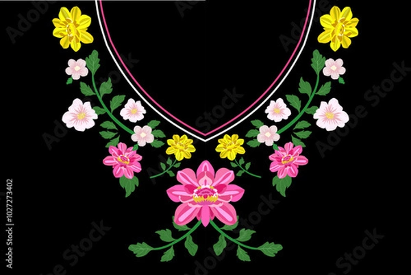 Obraz Embroidery flower round neck line patch composition for t-shirt design. Floral print for textile and fabric vintage tribal illustration isolated on black background.