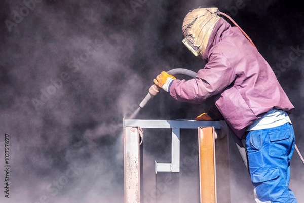 Fototapeta Sandblasting or abrasive blasting. Which is a generic term for the process of smoothing, shaping and cleaning a hard surface by forcing solid particles across that surface at high speeds.