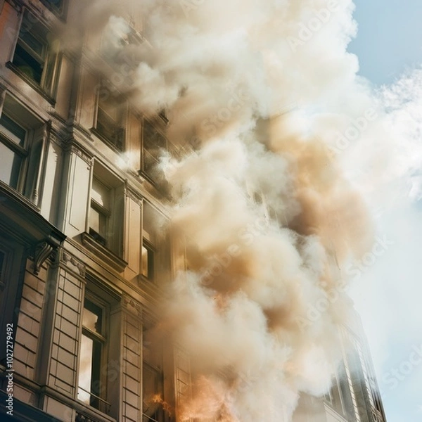 Fototapeta A building is heavily engulfed by thick smoke, emphasizing a dramatic scene of urgency and action.