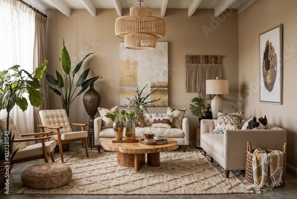 Fototapeta Charming living room with elegant decor and abundant greenery, bright and inviting atmosphere
