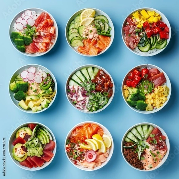 Fototapeta Nine vibrant poké bowls arranged on a blue background showcase fresh, colorful ingredients like salmon, cucumbers, and radish, celebrating culinary artistry.