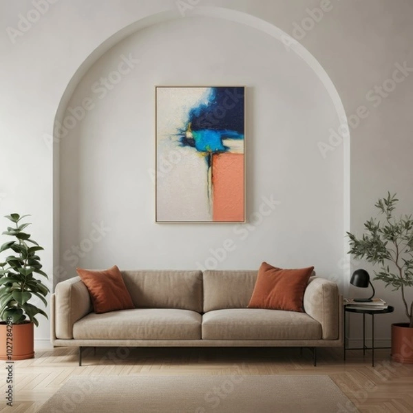 Obraz Minimalist living room with an abstract painting and arched alcove.