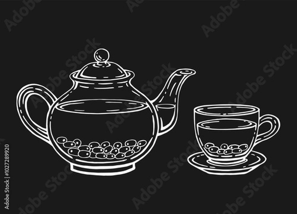 Fototapeta Tea set with healthy green tea, sea buckthorn. Teapot and cup. Hand drawn vector illustration.