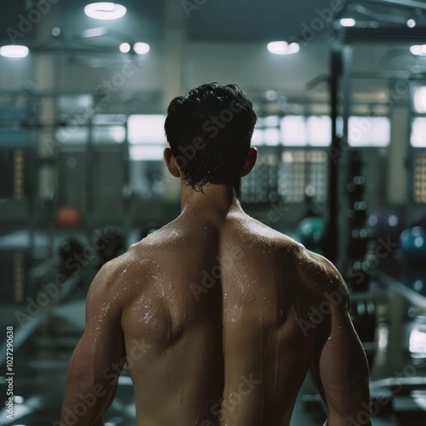Fototapeta In a gym's shadowed expanse, a muscular back glistens with sweat, embodying dedication and the pursuit of strength, echoing passion and perseverance.