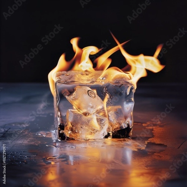 Fototapeta A fiery ice cube against a dark background, capturing an intriguing contrast of elements in dynamic tension.