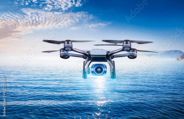 Fototapeta Futuristic Drone Hovering Over Water Surface