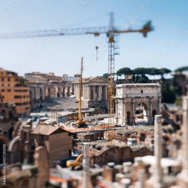 Fototapeta Overlook of an ancient city under construction, with cranes towering against a blue sky, blending history with modern development.