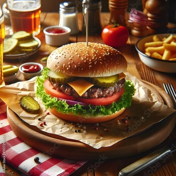 Obraz Fresh tasty burger ai generated