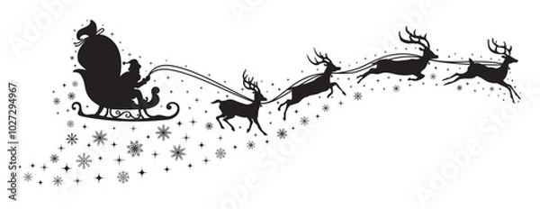 Fototapeta Santa Claus flying on a sleigh with Christmas reindeer with stars and snowflakes. Black silhouette of Santa Claus and Reindeer Sleigh. for winter holiday decoration, and Christmas greeting card.