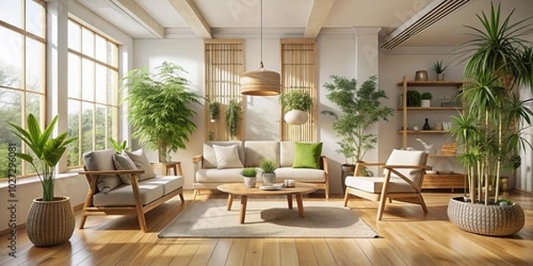 Fototapeta A minimalist living room adorned with bamboo furniture and natural materials promotes sustainable urban living, creating a serene, eco-friendly space that embraces simplicity and harmony.