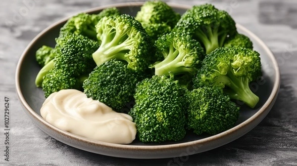 Fototapeta Plate of fresh broccoli florets served with a dollop of mayonnaise on a dark background. The vibrant green color contrasts with the creamy white sauce.