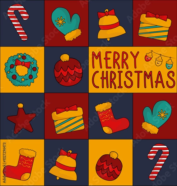Obraz Christmas greeting card. Merry Christmas. image of attributes of Christmas, holidays.