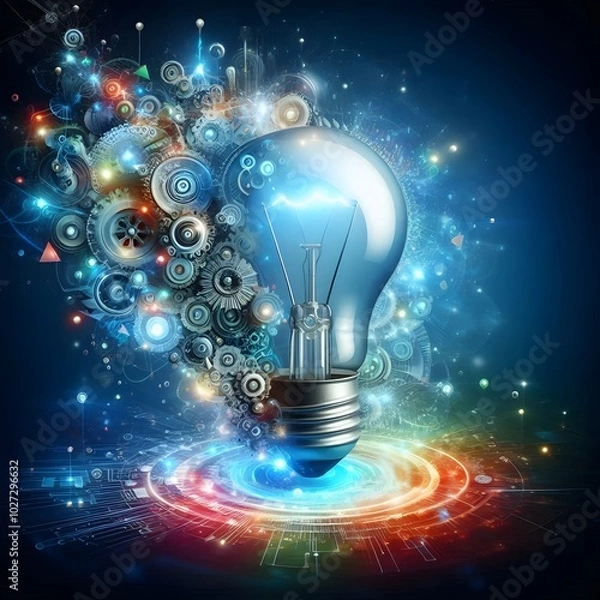 Obraz Creative light bulb abstract on glowing blue background generative AI