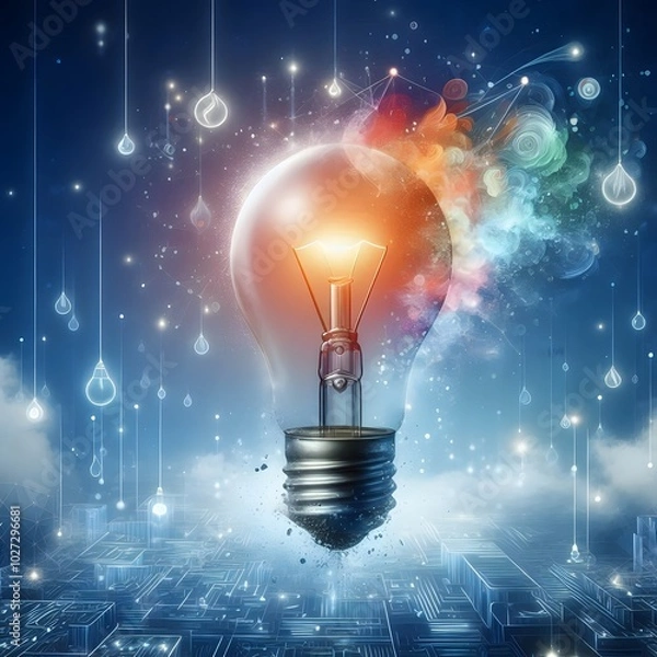 Obraz Creative light bulb abstract on glowing blue background generative AI