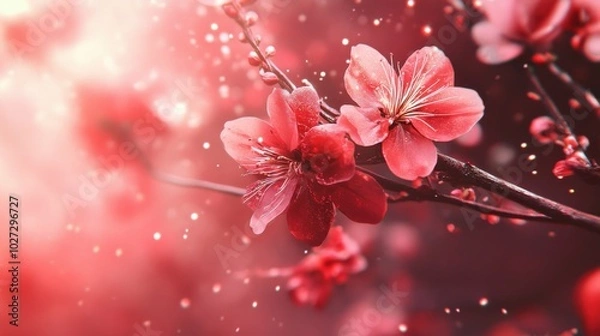 Fototapeta Delicate cherry blossoms bloom on branches in a vibrant, pink-hued atmosphere during springtime