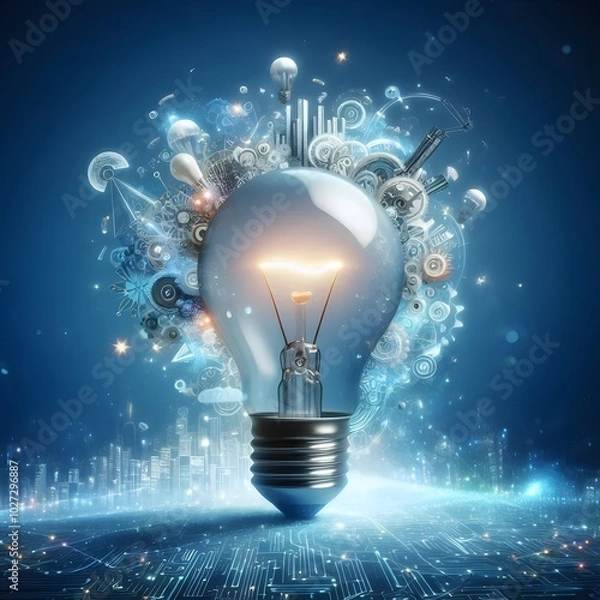 Obraz Creative light bulb abstract on glowing blue background generative AI
