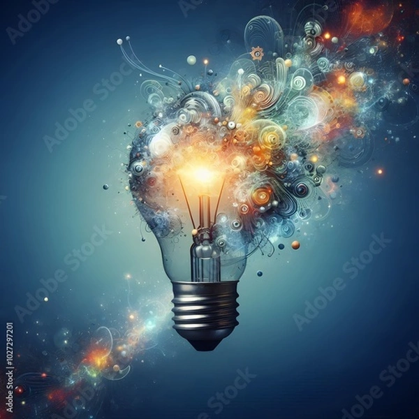 Obraz Creative light bulb abstract on glowing blue background generative AI