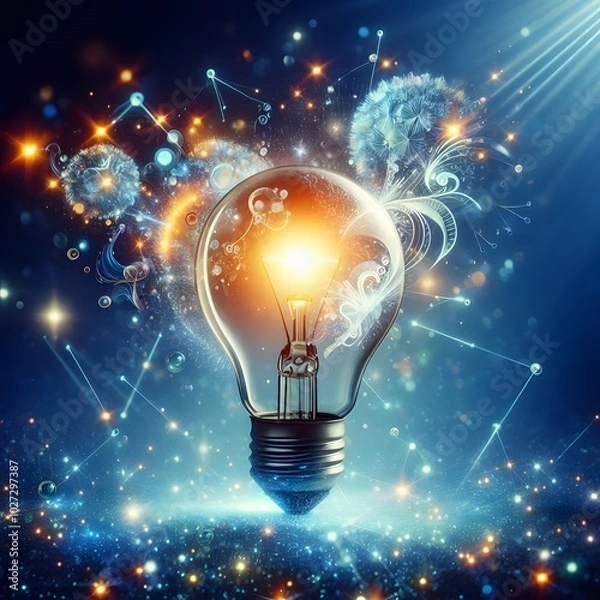 Obraz Creative light bulb abstract on glowing blue background generative AI