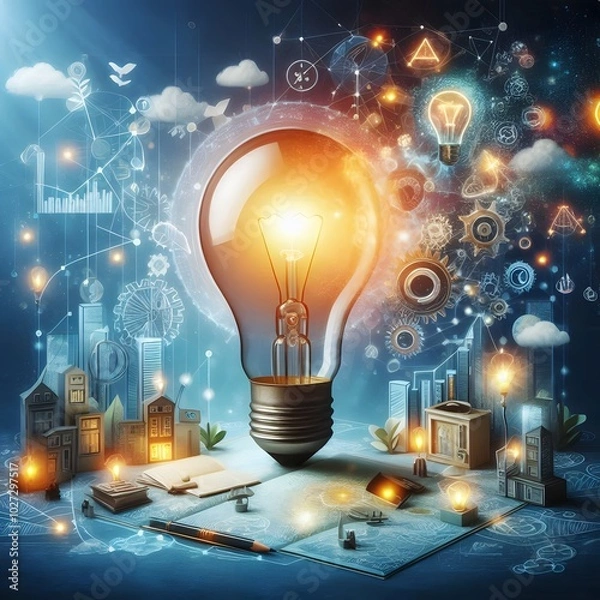 Obraz Creative light bulb abstract on glowing blue background generative AI