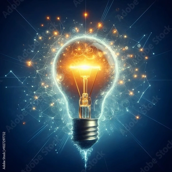 Obraz Creative light bulb abstract on glowing blue background generative AI