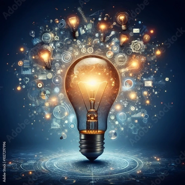 Obraz Creative light bulb abstract on glowing blue background generative AI
