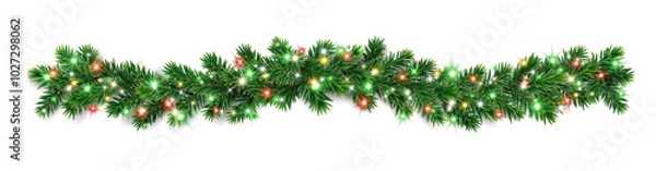 Obraz Christmas tree garlands. Realistic pine-tree branches with colorful red and green Christmas lights. Decoration for holiday banners, party posters, greeting cards, packaging, social media, merchandise.
