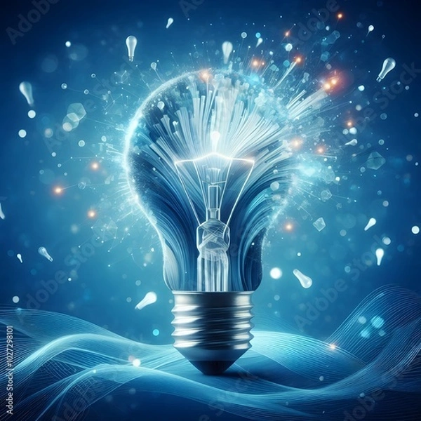 Obraz Creative light bulb abstract on glowing blue background generative AI