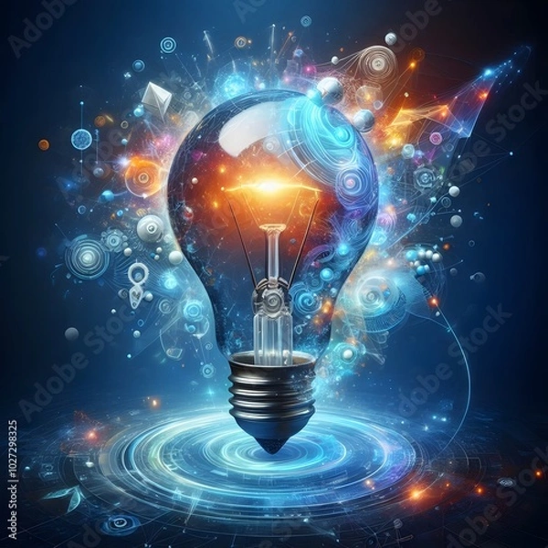 Obraz Creative light bulb abstract on glowing blue background generative AI