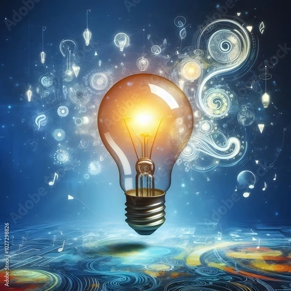 Obraz Creative light bulb abstract on glowing blue background generative AI