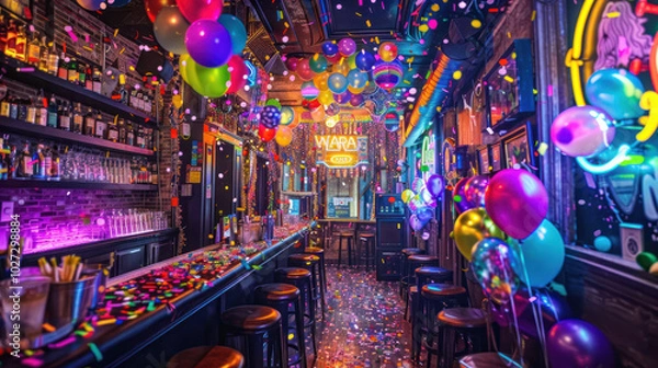 Obraz A vibrant New Year's Eve bash with colorful decorations, balloons, confetti, and neon signs lighting up the space