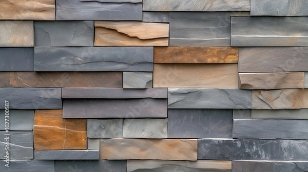 Fototapeta Close-up of a textured wall with interlocking stone bricks in various shades of gray, brown, and orange, showcasing a natural and rustic appearance.