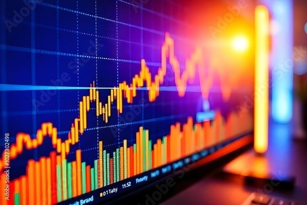 Fototapeta Closeup financial chart with uptrend line candlestick graph in stock market on blue color monitor background