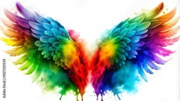 Fototapeta Vibrant watercolor illustration of angel wings in rainbow colors with splashes