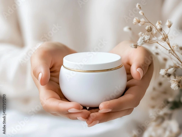 Fototapeta Woman's hands holding Shea butter cream for cold weather skincare, emphasizing hydration and nourishment.
